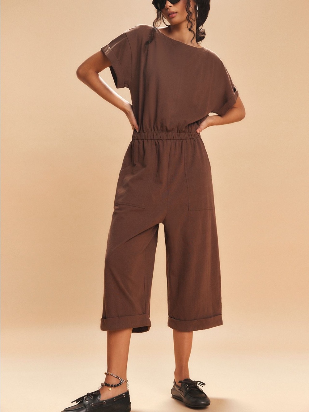 Free People Brown Short-Sleeve Elastic-Waist Jumpsuit